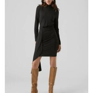 Vero Moda Hevia Long Sleeve Asymmetric Dress Black Size M Mock Neck Ruched LBD